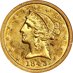 image for: 1843-D $5 NGC AU55 (Medium D)