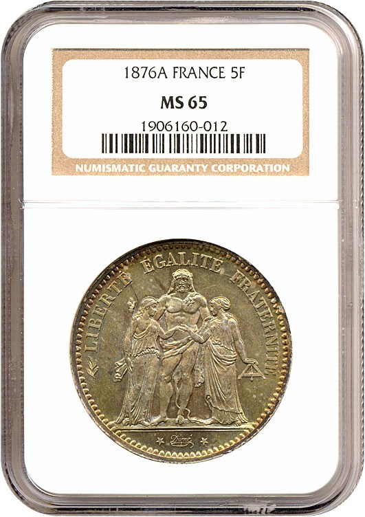 image for: France: 1876-A 5 Fr  NGC MS65   