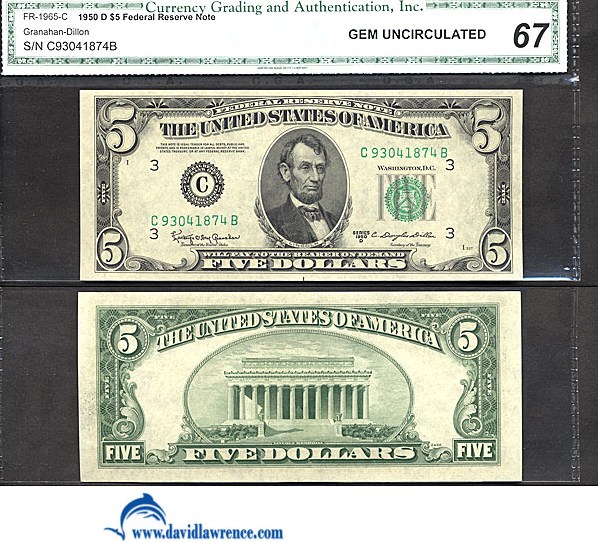 image for: Fr.1965C 1950D $5 Dark Green Seal CGA Gem CU67  [C93041874B]