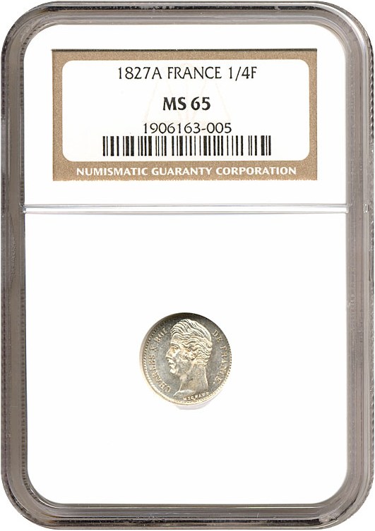 image for: France: 1827-A 1/4 Fr  NGC MS65   