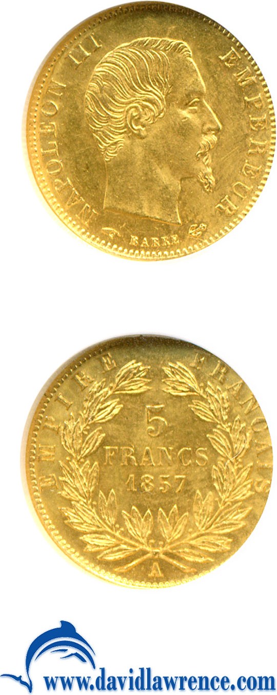 image for: France: 1857-A 5 Fr Gold NGC MS62   