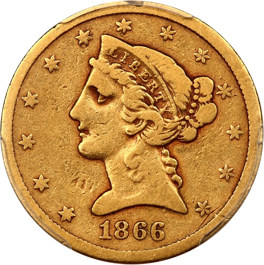 image for: 1866-S $5 PCGS F15 (No Motto)