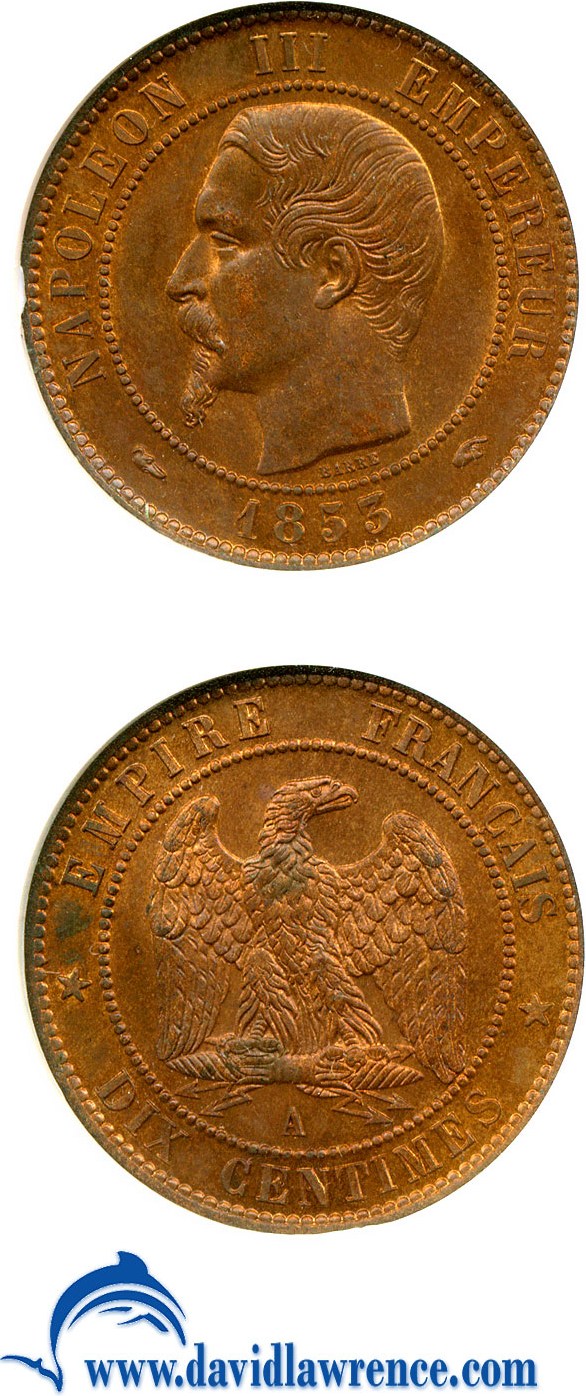 image for: France: 1853-A 10 Centime (KM-771.1) NGC MS64 RB
