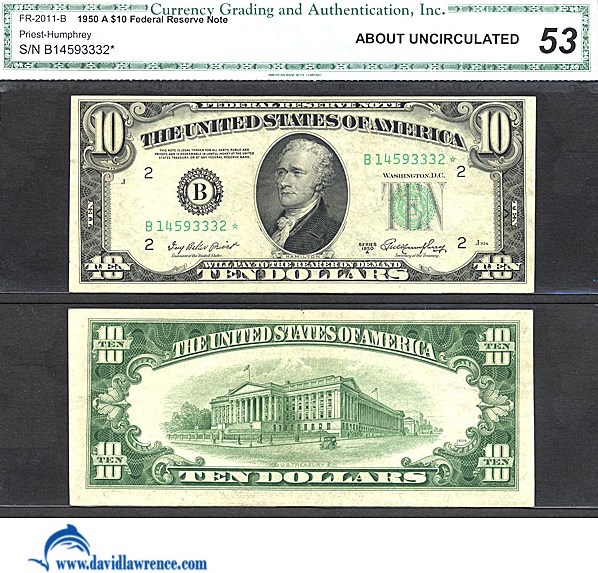 image for: Fr.2011B* 1950A $10 Dark Green Seal CGA AU53  [B14593332] *Star* 