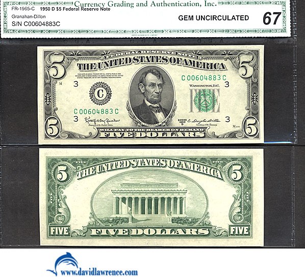 image for: Fr.1965C 1950D $5 Dark Green Seal CGA Gem CU67  [C00604883C]