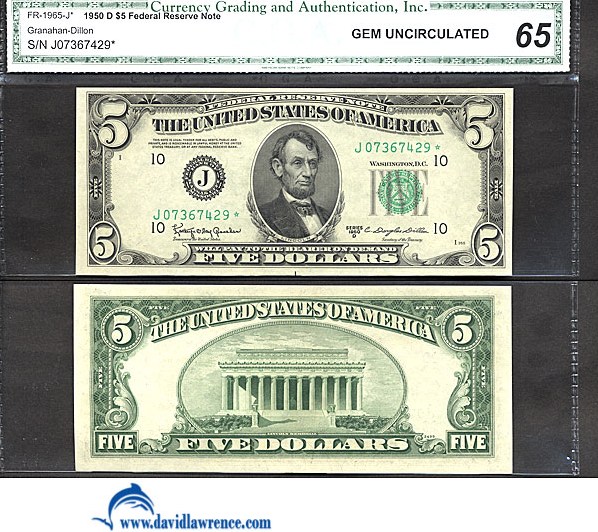 image for: Fr.1965J* 1950D $5 Dark Green Seal CGA Gem CU65  [J07367429] *Star* 