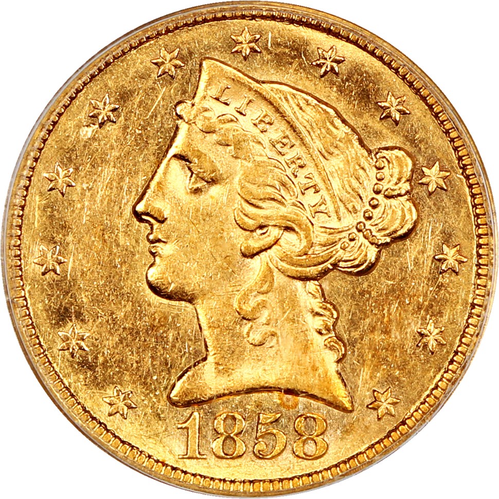 image for: 1858 $5 PCGS AU55 (OGH)