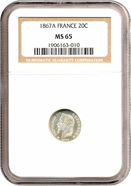 image for: France: 1867-A 20 Centime  NGC MS65   