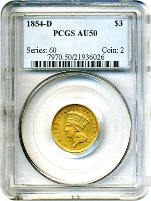 image for: 1854-D $3 PCGS AU50