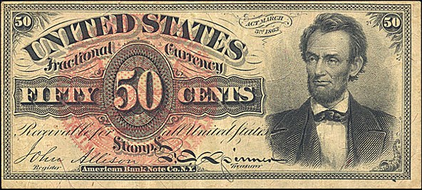 image for: Fractional Currency: Fr.1374  50-Cent Head of Abe Lincoln. PCGS VF25  [80038862]