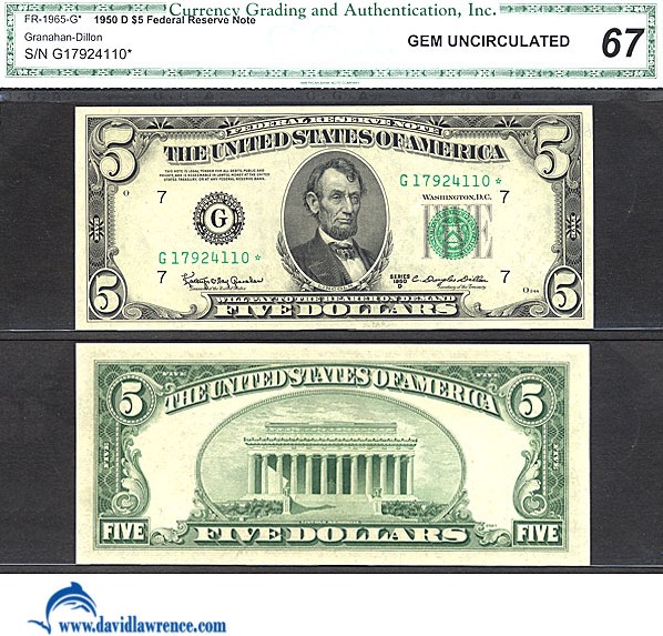 image for: Fr.1965G* 1950D $5 Dark Green Seal CGA Gem CU67  [G17924110] *Star* 