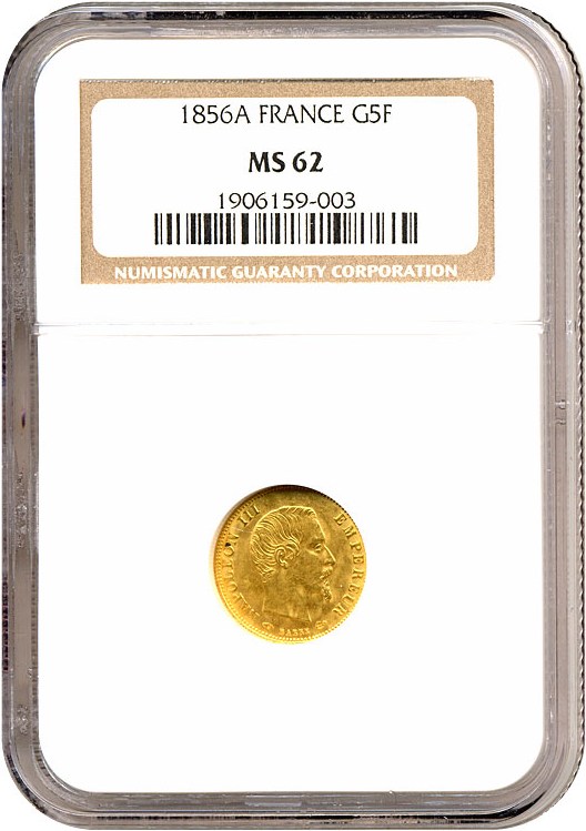 image for: France: 1856-A 5 Fr Gold NGC MS62   
