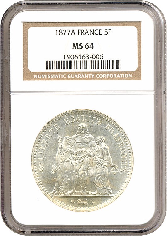 image for: France: 1877-A 5 Fr  NGC MS64   
