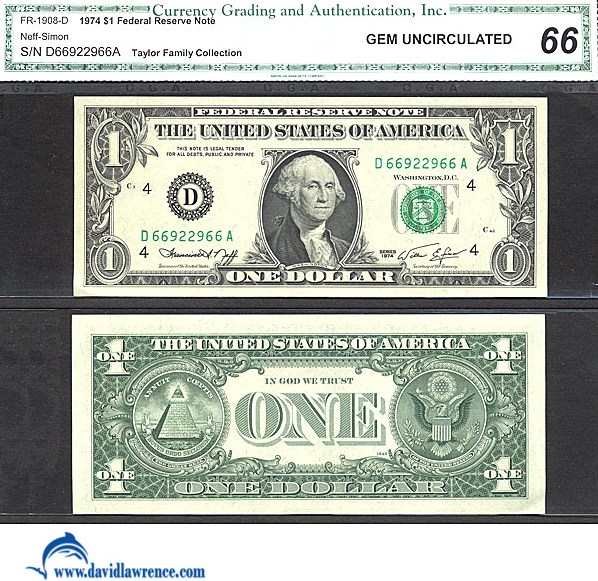 image for: Fr.1908D 1974 $1  CGA Gem CU66  [D66922966A] *Fancy Serial* 