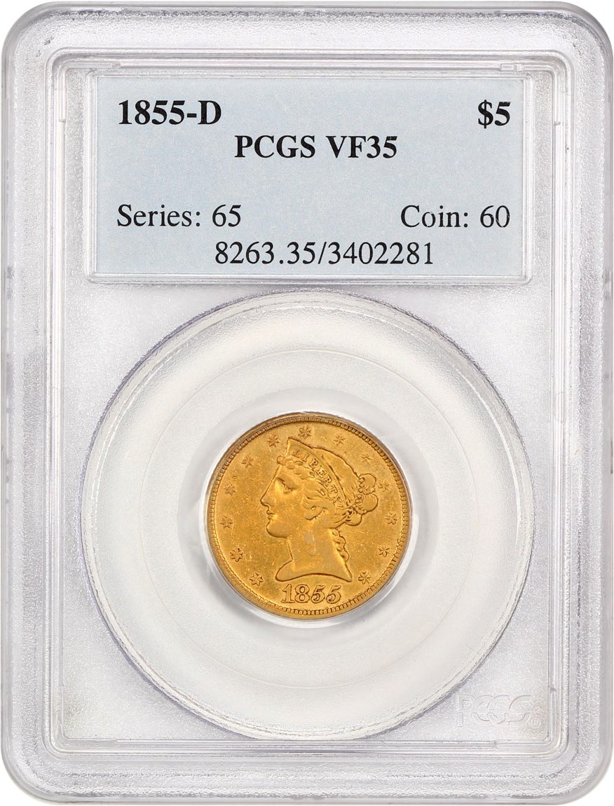 image for: 1855-D $5 PCGS VF35 (Large D)