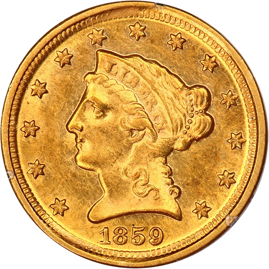 image for: 1859-D $2 1/2 PCGS AU53 (OGH Rattler Holder)