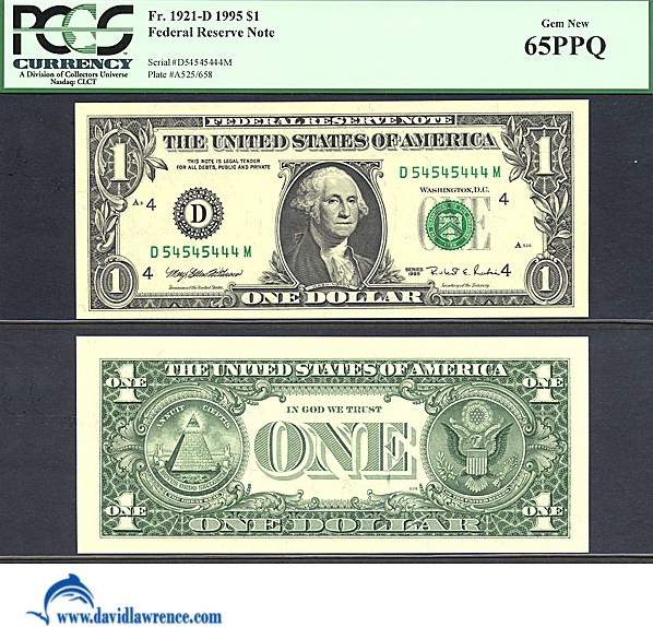 image for: Fr.1921D 1995 $1 Sheetfed press. Washington, DC PCGS Gem CU65 PPQ [D54545555M] *Fancy Serial* 