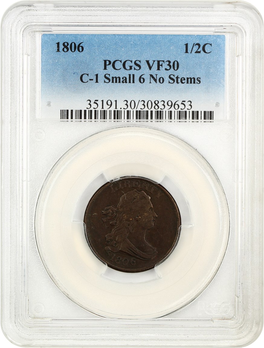 image for: 1806 Small 6, No Stems 1/2c PCGS VF30 (C-1)
