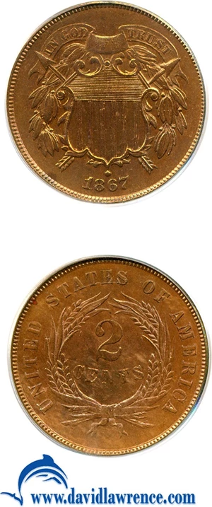image for: 1867 2c Double Die Obverse PCGS MS63 BN