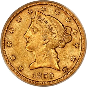 image for: 1859-D $5 PCGS/CAC AU50 (Medium D, OGH)