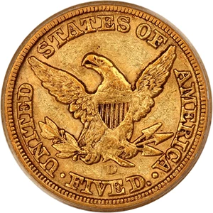 image for: 1859-D $5 PCGS/CAC AU50 (Medium D, OGH)