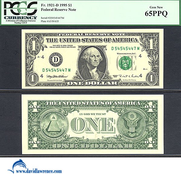 image for: Fr.1921D 1995 $1 Sheetfed press. Washington, DC PCGS Gem CU65 PPQ [D54545447M] *Fancy Serial* 