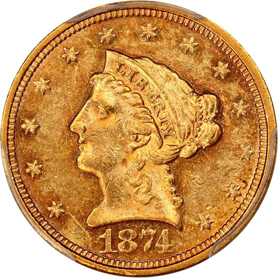 image for: 1874 $2 1/2 PCGS/CAC AU58