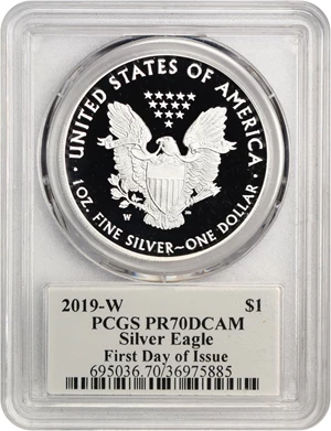 image for: 2019-W Silver Eagle $1 PCGS Proof 67 DCAM (First Day of Issue, Cleveland Signature)
