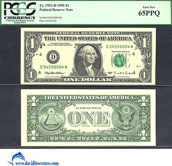 image for: Fr.1921D 1995 $1 Sheetfed press. Washington, DC PCGS Gem CU65 PPQ [D54550004M] *Fancy Serial* 