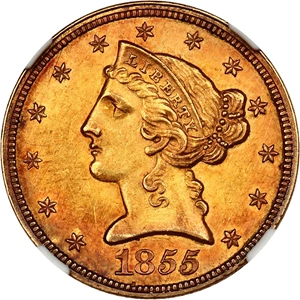 image for: 1855 $5 NGC/CAC MS62 (MPD, VP-001)