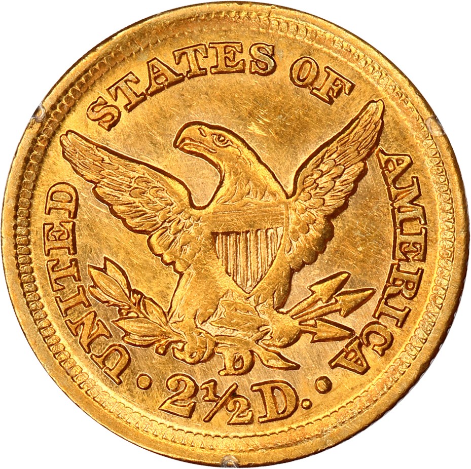 image for: 1859-D $2 1/2 PCGS AU53 (OGH Rattler Holder)