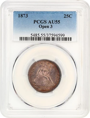 image for: 1873 25c PCGS AU55 (No Arrows, Open 3)
