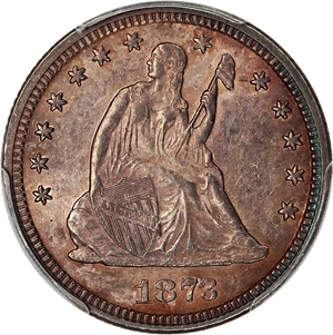 image for: 1873 25c PCGS AU55 (No Arrows, Open 3)