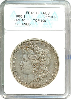 image for: Top 100 VAM: 1883 $1 VAM 10 Sextupled Stars ANACS XF45 Details (Cleaned)
