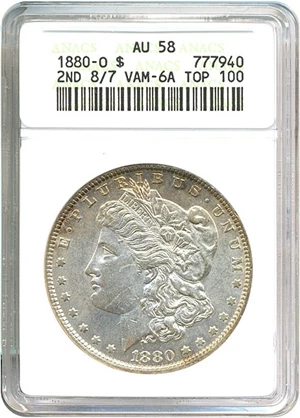 image for: Top 100 VAM: 1880-O $1 VAM 6A 8/7 ANACS AU58