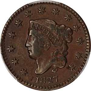 image for: 1827 1c PCGS/CAC AU55 (N-5)
