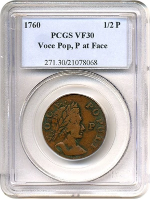 image for: 1760 1/2 P Voce Pop, P at Face PCGS VF30 BN