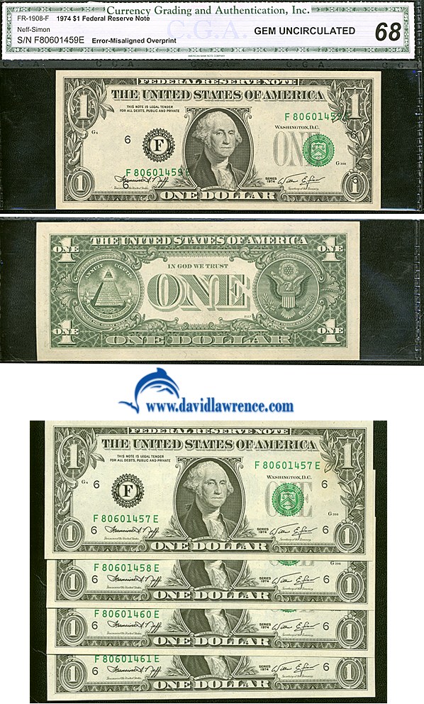 image for: Fr.1908F 1974 $1  CGA Gem CU68  [F80601459E] *Error-Mis-Aligned Overprint* Includes 4 Raw Notes