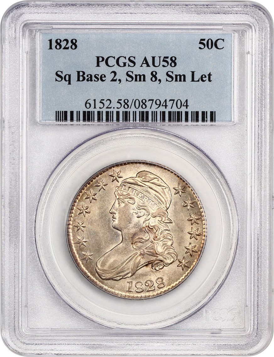 image for: 1828 50c PCGS AU58 (Sq Base 2, Sm 8, Sm Let.)