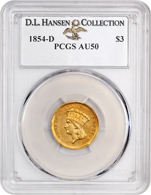 image for: 1854-D $3 PCGS AU50 ex: D.L. Hansen