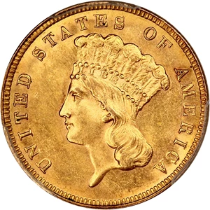 image for: 1887 $3 PCGS MS63 ex: D.L. Hansen