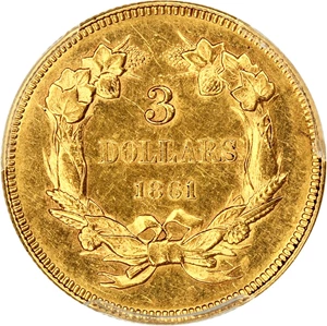 image for: 1861 $3 PCGS AU58 ex: D.L. Hansen