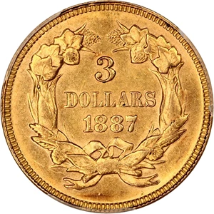 image for: 1887 $3 PCGS MS63 ex: D.L. Hansen