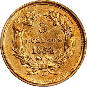 image for: 1854-D $3 PCGS AU50 ex: D.L. Hansen