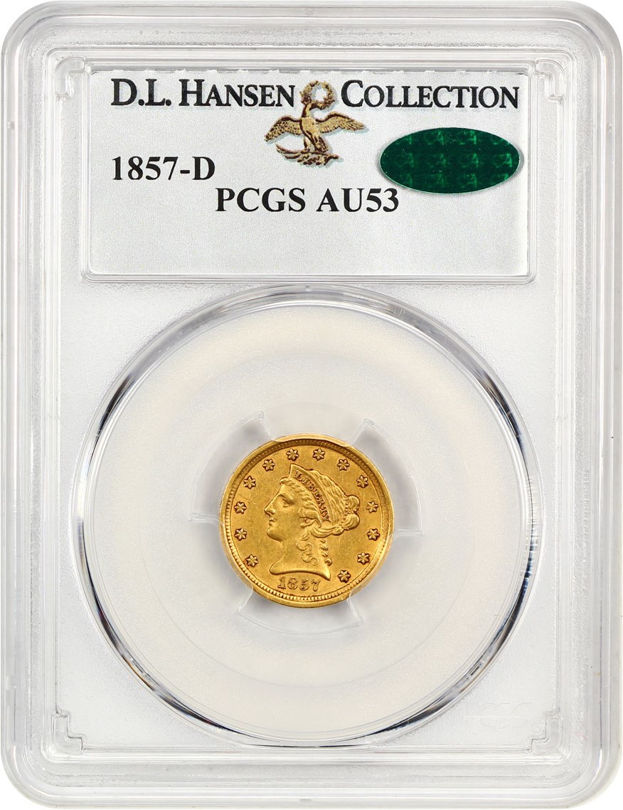 image for: 1857-D $2 1/2 PCGS/CAC AU53 ex: D.L. Hansen