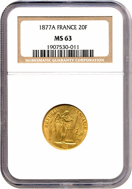image for: France: 1877-A 20 Fr  NGC MS63 (KM-825)