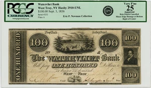image for: 1836 Watervliet Bank $100 PCGS Very Fine 25 (Hold Punch Cancelled, Minor Edge Damage at Bottom Right of Center) ex: Newman Collection