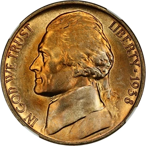 image for: 1938-D Jefferson 5c NGC MS67 FS