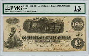 image for: FR. T40 1862-63 Diffused Steam from Engine $100 Confederate States of America PMG Fine 15