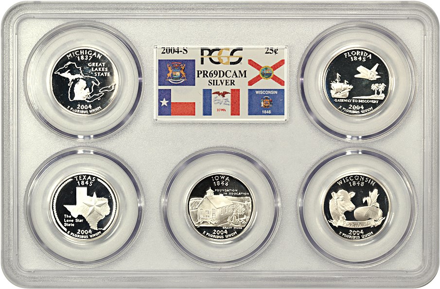image for: 2004-S Silver Quarters Proof Set 25c PCGS Proof 69 DCAM (Silver, 5 Coins)